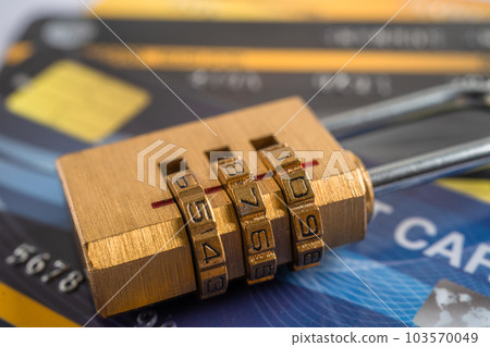 Credit card with password key lock, finance security concept. 103570049