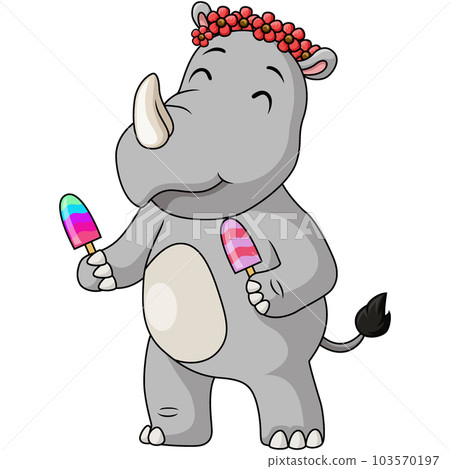 Cute rhino cartoon holding an ice cream Cute rhino cartoon holding an ice cream 103570197