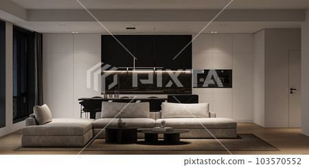 Modern minimalist interior livingroom with large modular sofa, panoramic windows and marble kitchen island. Front view night lighting. 3d rendering. High quality 3d illustration 103570552