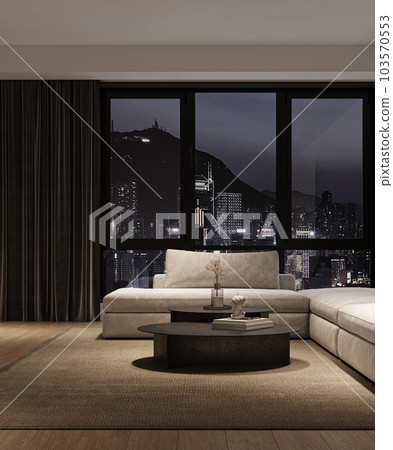 Modern luxury minimalist interior livingroom with large modular sofa, panoramic windows and city view with night lighting. 3d rendering. High quality 3d illustration 103570553