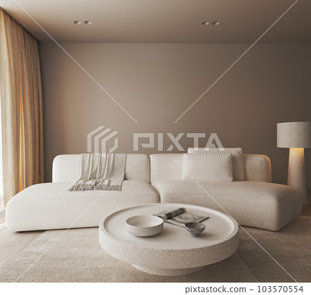 Creative modern minimalist dark interior living room with warm illumination, stone round table and large white lamp. Front view. 3d rendering mock up. High quality 3d illustration 103570554
