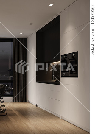 Corner of panoramic minimalist luxury kitchen with black marble island, wooden floor, white cupboards and bar with stools. Large window with curtain. 3d rendering. High quality 3d illustration Corner of panoramic minimalist luxury kitchen with black marble island, wooden floor, white cupboards and bar with stools. Large window with curtain. 3d rendering. High quality 3d illustration 103570562