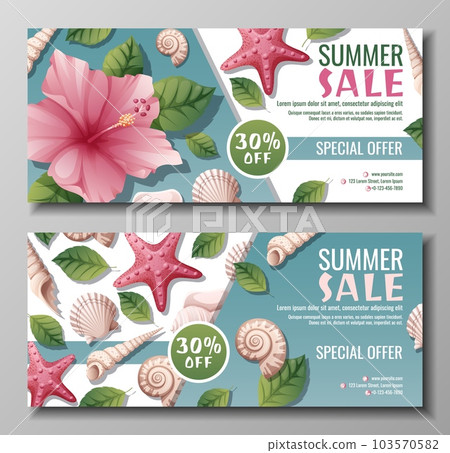Set of summer banners with hibiscus and seashells. Discount coupon, special summer offer. Background, banner with seashells and pink flowers. 103570582
