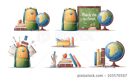 A set of school supplies. Illustrations of books, globe, backpack and school congregation on isolated background. Icons, stickers of school themes. Study, education. A set of school supplies. Illustrations of books, globe, backpack and school congregation on isolated background. Icons, stickers of school themes. Study, education. 103570587