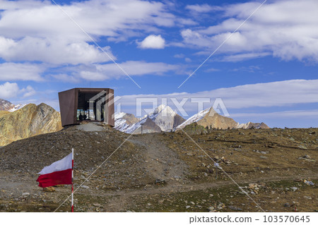 Passo Rombo, Timmelsjoch - high Alpine road connecting Oetztal valley in Austrian state of Tyrol to the Passeier Valley in Italian province of South Tyrol Passo Rombo, Timmelsjoch - high Alpine road connecting Oetztal valley in Austrian state of Tyrol to the Passeier Valley in Italian province of South Tyrol 103570645