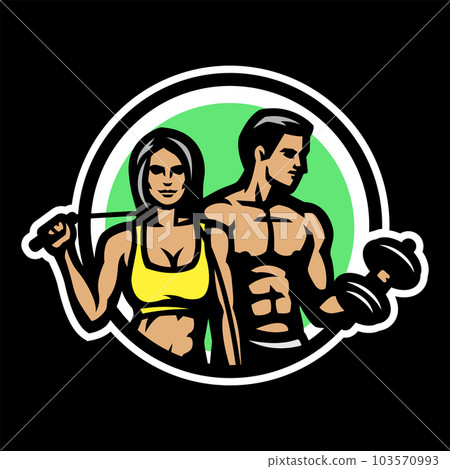 Man and woman, fitness logo on a black background. Vector illustration. Man and woman, fitness logo on a black background. Vector illustration. 103570993