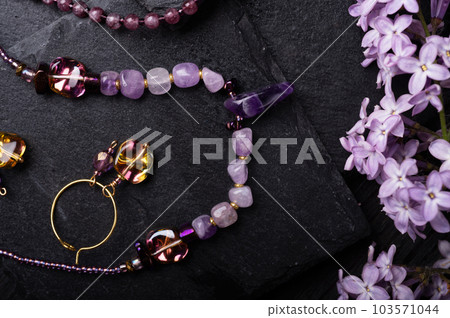 author collection jewelry with lilac gemstones, - Stock