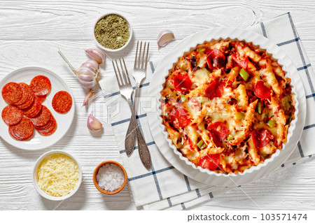 Pizza Casserole of pasta, beef, pepperoni, cheese Pizza Casserole of pasta, beef, pepperoni, cheese 103571474