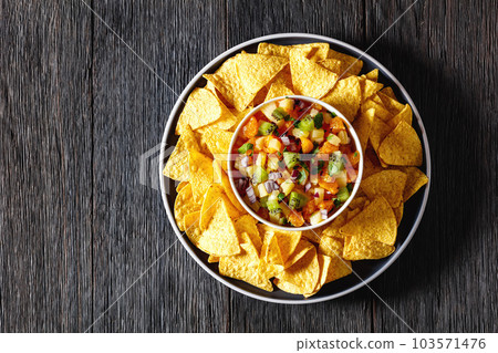 summer fruit salsa with tortilla chips on plate summer fruit salsa with tortilla chips on plate 103571476