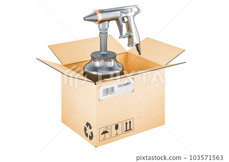 Portable Sand Blaster Gun inside cardboard box, delivery concept, 3D rendering Portable Sand Blaster Gun inside cardboard box, delivery concept, 3D rendering 103571563