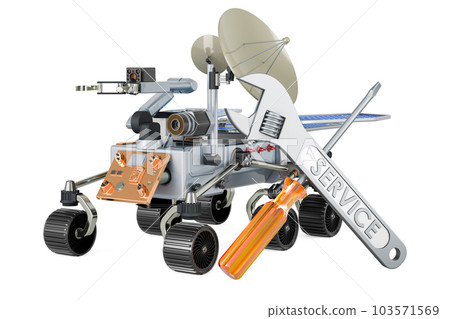 Planetary rover with screwdriver and wrench, 3D rendering 103571569