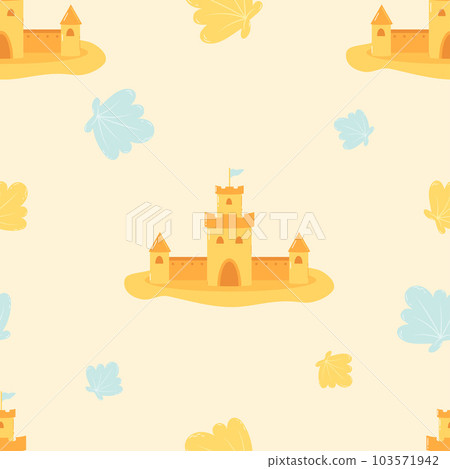 WebSummer seamless pattern with sand castle on light yellow background with shells. Vector illustration in flat style for design, wallpaper, wrapping paper, fabric. WebSummer seamless pattern with sand castle on light yellow background with shells. Vector illustration in flat style for design, wallpaper, wrapping paper, fabric. 103571942