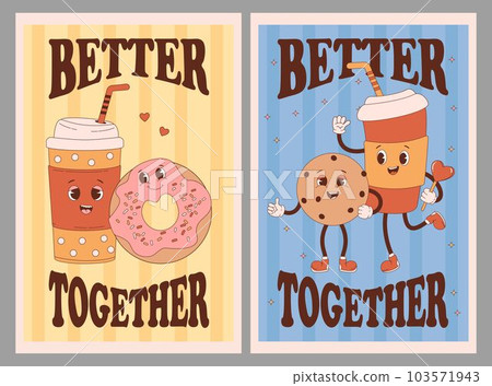 Cool retro posters with cute characters. Coffee in paper cup takeaway, donat and chocolate chip cookies. Vector illustration. Funny nostalgic mascot drink and food. Cool retro posters with cute characters. Coffee in paper cup takeaway, donat and chocolate chip cookies. Vector illustration. Funny nostalgic mascot drink and food. 103571943