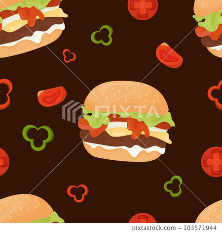 Seamless pattern with an appetizing hamburger on black background with slices of tomato and pepper. Vector Illustration in flat cartoon style for wallpaper, design, textile, packaging, decor. Seamless pattern with an appetizing hamburger on black background with slices of tomato and pepper. Vector Illustration in flat cartoon style for wallpaper, design, textile, packaging, decor. 103571944