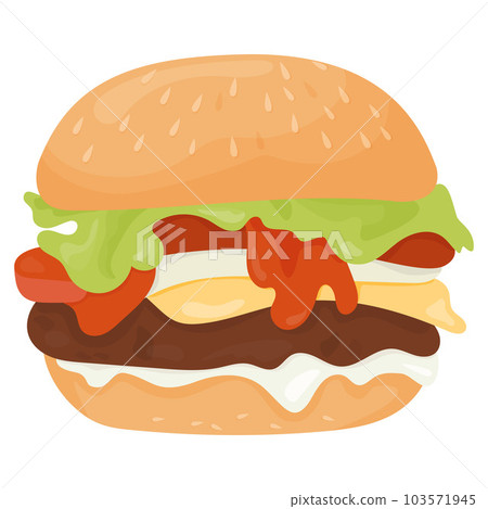 Big appetizing hamburger. Vector illustration. Fast food closeup in flat cartoon style. Big appetizing hamburger. Vector illustration. Fast food closeup in flat cartoon style. 103571945
