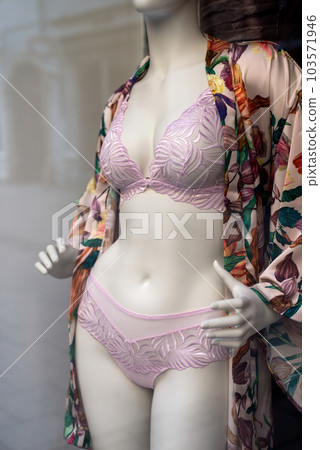 Closeup of pink underwear on mannequin in a fashion store showroom Closeup of pink underwear on mannequin in a fashion store showroom 103571946