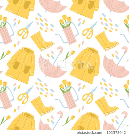 Seamless spring pattern with yellow raincoat, pink umbrella and watering can with yellow tulips on white 103572042