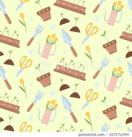 Garden pattern with working tools on a light yellow, shovels, scissors, watering cans, pots with sprouts Garden pattern with working tools on a light yellow, shovels, scissors, watering cans, pots with sprouts 103572044