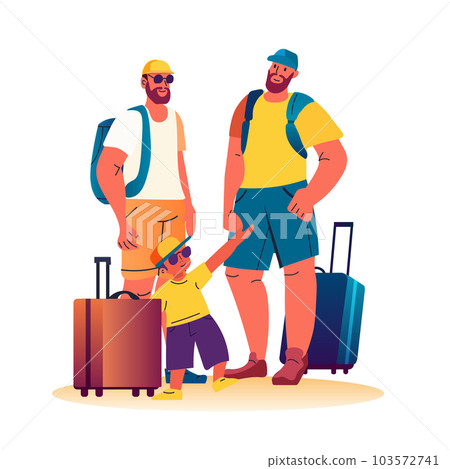male parents gay family with son and baggage standing together summer vacation holiday time to travel 103572741