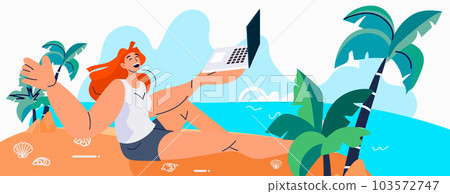 young woman freelancer using laptop on tropical beach summer vacation holiday time to travel concept 103572747