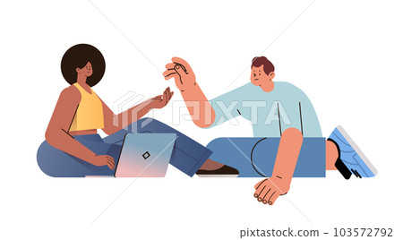 mix race man woman discussing during meeting couple using laptop social media communication digital adiction 103572792