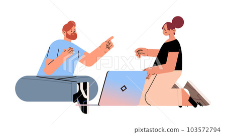 man woman discussing during meeting couple using laptop social media communication digital adiction concept man woman discussing during meeting couple using laptop social media communication digital adiction concept 103572794