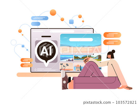 woman using virtual travel application on digital screen traveling artificial intelligence technology concept 103572821