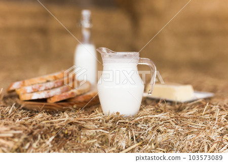 Rustic breakfast of milk, fresh wheat bread and butter in the hayloft 103573089