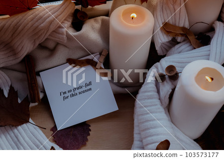 I AM SO GRATE FALL FOR THIS SEASON text greeting card concept Celebrating thanksgiving autumn holidays at cozy home on the windowsill Hygge aesthetic atmosphere Autumn leaves spices and candle on 103573177