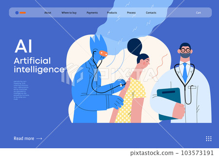 Artificial intelligence, Medicine -modern flat vector concept illustration of AI auscultating patient with stethoscope. Human doctor nearby. Metaphor of AI advantage, superiority and dominance concept Artificial intelligence, Medicine -modern flat vector concept illustration of AI auscultating patient with stethoscope. Human doctor nearby. Metaphor of AI advantage, superiority and dominance concept 103573191
