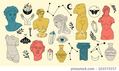 Greek ancient sculpture mystic set. Hand drawn illustrations of antique classic statues in trendy bohemian style. Boho tattoo art. Heads, branch, vase, column, hands, body, stars. 103573557