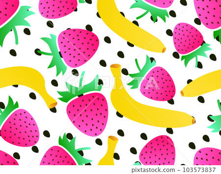 Seamless pattern with bananas and strawberries, gradient colors. Summer berry-fruit mix with bananas  and strawberries on white background. Design for print, banners and posters. Vector illustration 103573837