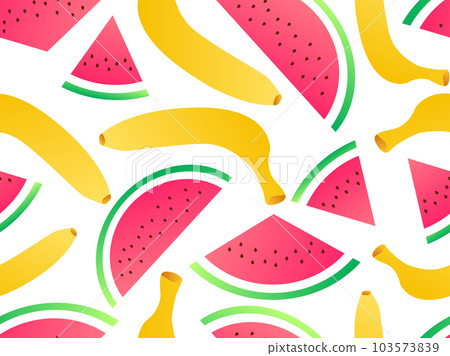 Seamless pattern with bananas and watermelon, gradient colors. Summer fruit mix with watermelon slices and banana on white background. Design for print, banners and posters. Vector illustration Seamless pattern with bananas and watermelon, gradient colors. Summer fruit mix with watermelon slices and banana on white background. Design for print, banners and posters. Vector illustration 103573839