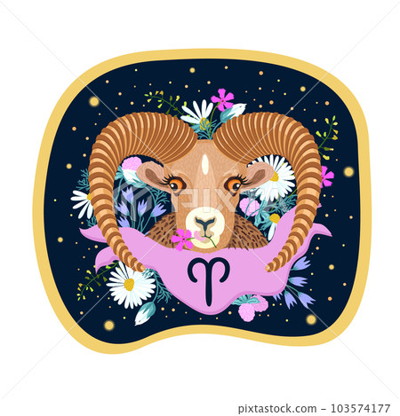 Aries. Zodiac sign. Vector isolated composition on dark blue background. Horoscope concept. Ram with curled horns in flowers. Aries. Zodiac sign. Vector isolated composition on dark blue background. Horoscope concept. Ram with curled horns in flowers. 103574177