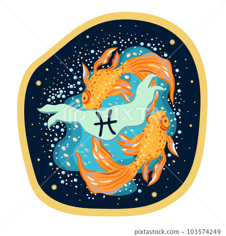 Pisces. Zodiac sign. Vector isolated compositionon dark blue background. Horoscope concept. Two golden fishes swimming in a water. Pisces. Zodiac sign. Vector isolated compositionon dark blue background. Horoscope concept. Two golden fishes swimming in a water. 103574249