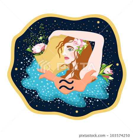 Aquarius. Zodiac sign. Vector isolated composition on dark blue background. Horoscope concept. Woman holding a jug in her hands and pouring water. 103574250