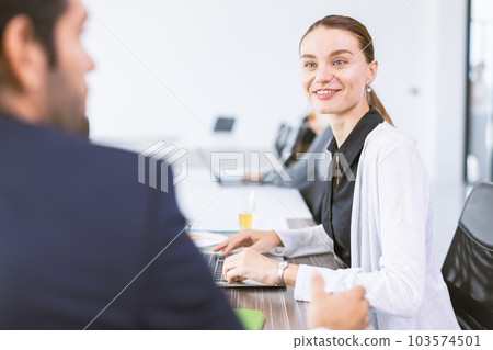 Confident businesswoman talking with manager. Adult woman job Interview. Sales represent products to customer happy smiling. Confident businesswoman talking with manager. Adult woman job Interview. Sales represent products to customer happy smiling. 103574501