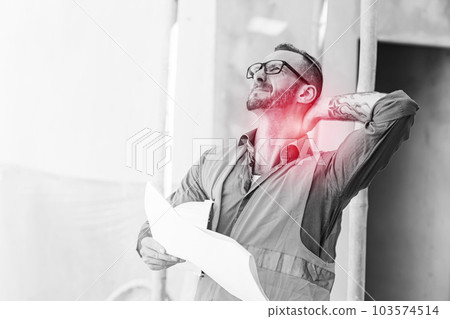 Adult senior construction builder male worker neck pain physical injury syndrome from hard working 103574514