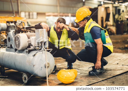 Worker team  feel bad down health problem headache heatstroke supervisor team help care support 103574771