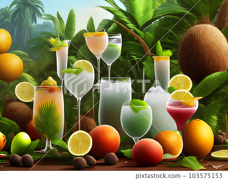 Lush tropical 3D scene with drinks. 103575153