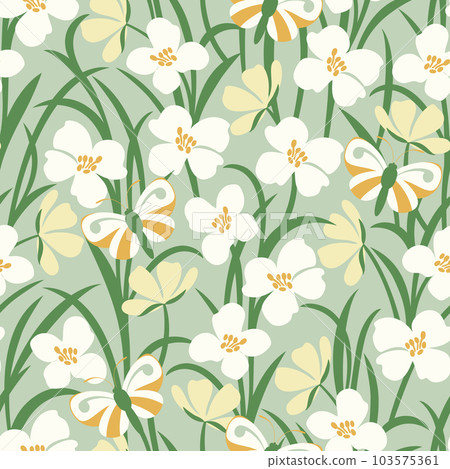 Vector seamless pattern with white wildflowers and butterflies in the meadow. Vector seamless pattern with white wildflowers and butterflies in the meadow. 103575361