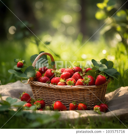 Basket with strawberries on the grass. Healthy food ingredient. Generated AI. Basket with strawberries on the grass. Healthy food ingredient. Generated AI. 103575716