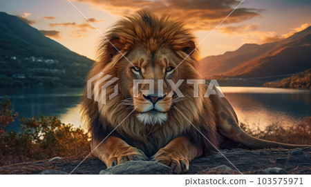 Generative ai illustration of a African male Lion with mountain and river 103575971