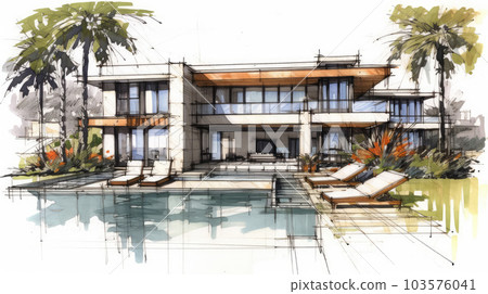 Generative ai illustration of architect sketch from a contemporary house with swimming pool Generative ai illustration of architect sketch from a contemporary house with swimming pool 103576041