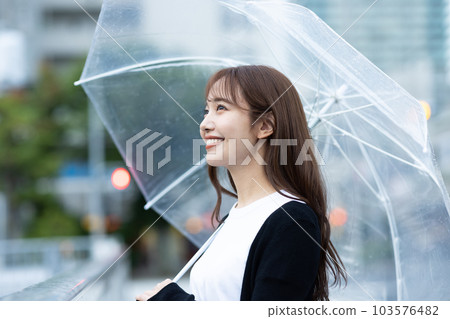 A woman going home on a rainy day 103576482