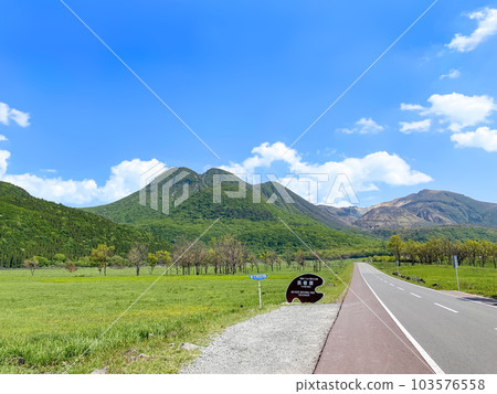 Fresh green Chojabaru Tadewara Marsh and Kuju mountain range 103576558