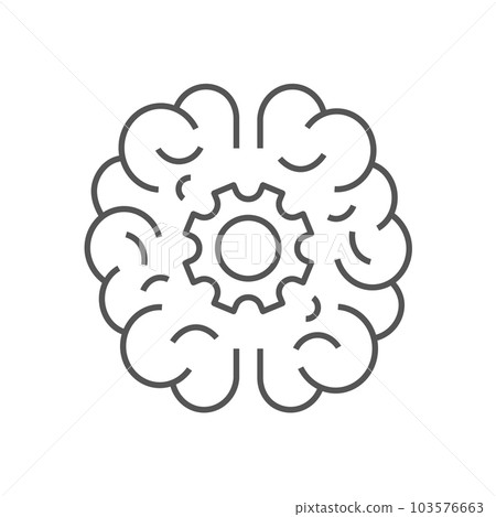 Human brain with cogwheel inside linear icon. Artificial intelligence concept. Technology progress. Thin line illustration. Contour symbol. Vector isolated outline drawing. Editable stroke. EPS 10 103576663