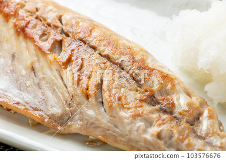 鹽烤鯖魚的特寫鏡頭。 鹽烤鯖魚的特寫鏡頭。 103576676