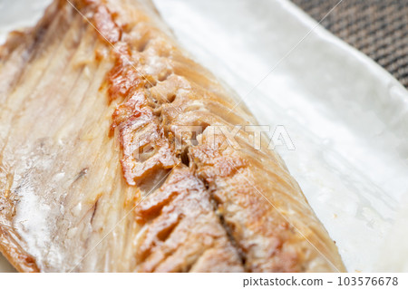 鹽烤鯖魚的特寫鏡頭。 鹽烤鯖魚的特寫鏡頭。 103576678