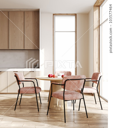 Dining area in modern wooden kitchen, table and pink chair near window, 3d rendering 103577464